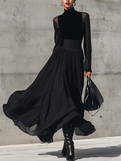 Black Velvet Panel Beaded Mesh Maxi Dress