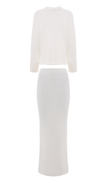 Conjunto de cárdigan de punto esponjoso y falda larga 