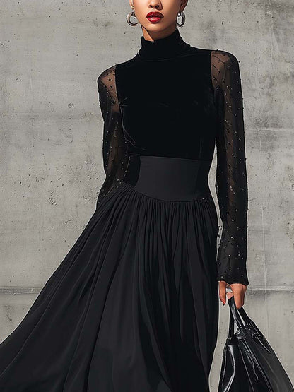 Black Velvet Panel Beaded Mesh Maxi Dress