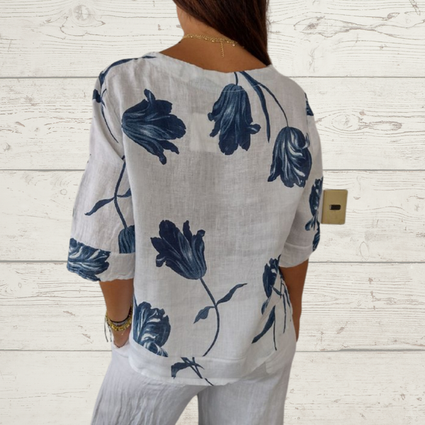 Despoina - Elegant Floral Print Top With Buttons