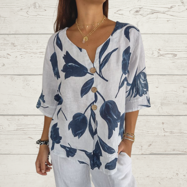 Despoina - Elegant Floral Print Top With Buttons