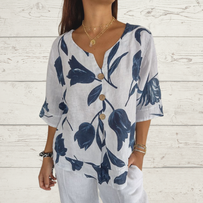 Despoina - Elegant Floral Print Top With Buttons