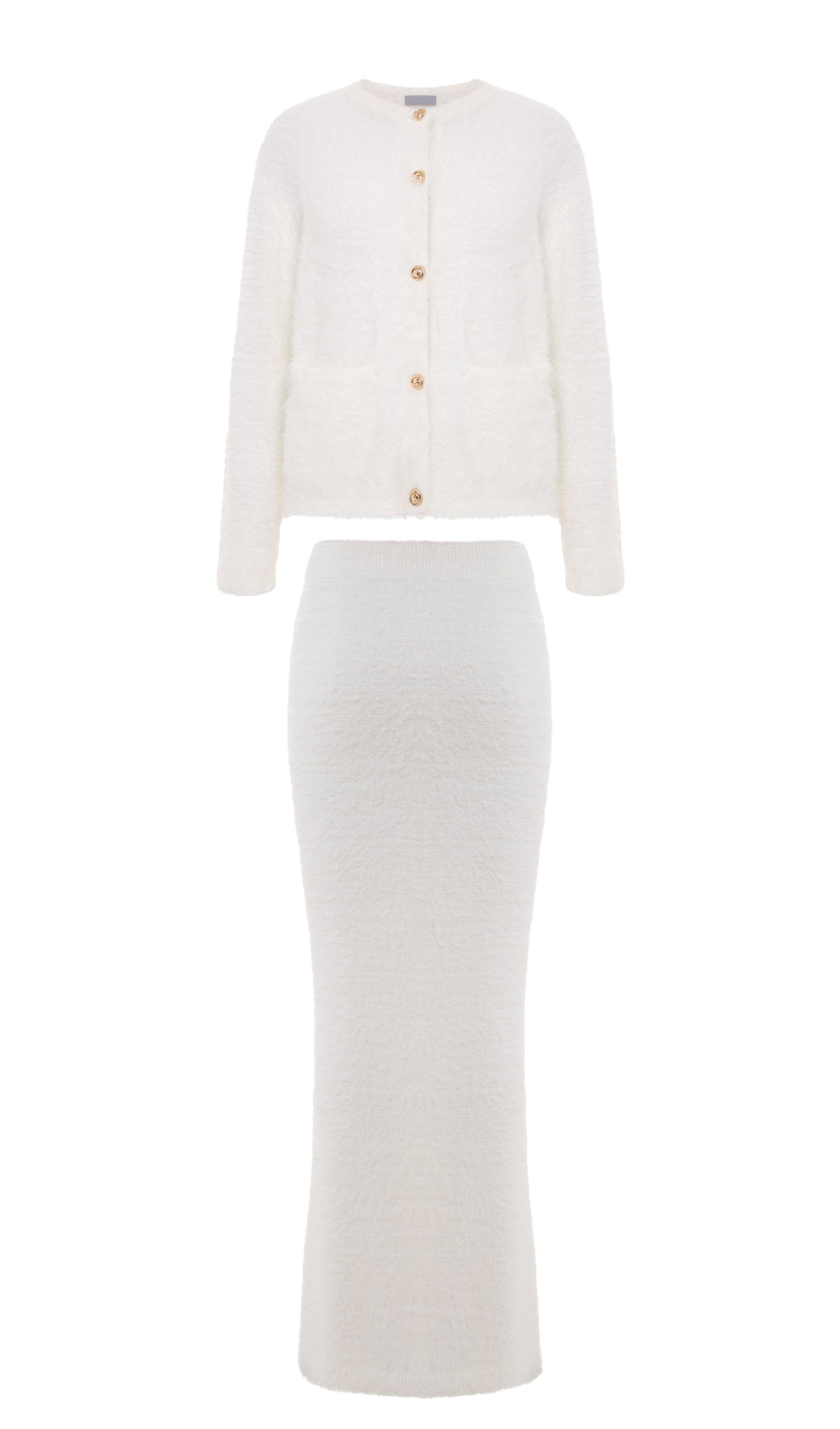 Conjunto de cárdigan de punto esponjoso y falda larga 