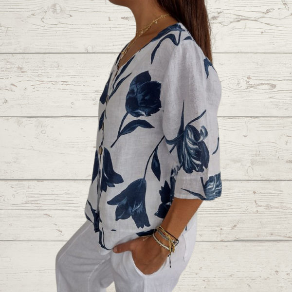 Despoina - Elegant Floral Print Top With Buttons
